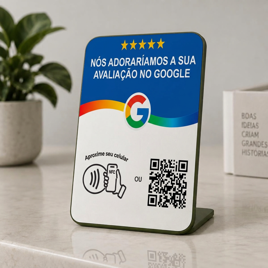 Plaquinha MS Connect com QR Code e NFC sobre um balcão